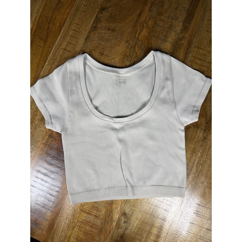 Offline by Aerie Womens Small Beige Ribbed Crop Short Sleeve Top Scoop Neck